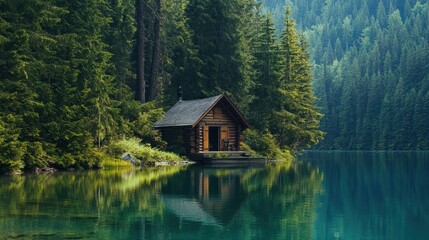Fototapeta premium Cabin by a serene lake, surrounded by natural forest in an untouched wilderness, creating a peaceful and isolated setting
