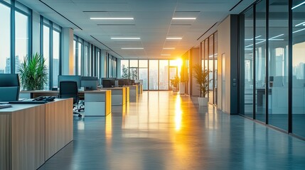 Empty modern office hallway with neatly arranged desks, bright lighting, and a professional atmosphere. 