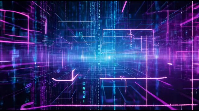 Cyberspace grid filled with digital code and data lines. Futuristic network structure glows in virtual space. Technology pulses with AI energy. Virtual pathways connect hacking and digital systems.