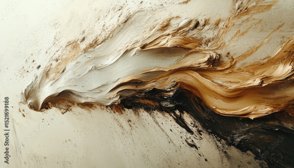 Leinwandbilder Dynamic abstract artwork showcasing fluid motion and texture in earthy tones with contrasting elements during daylight hours in an artistic studio setting