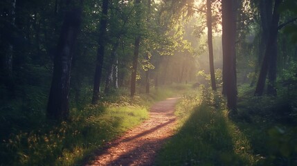 Obraz premium Sunlit path winds through a peaceful forest, inviting exploration and tranquility.