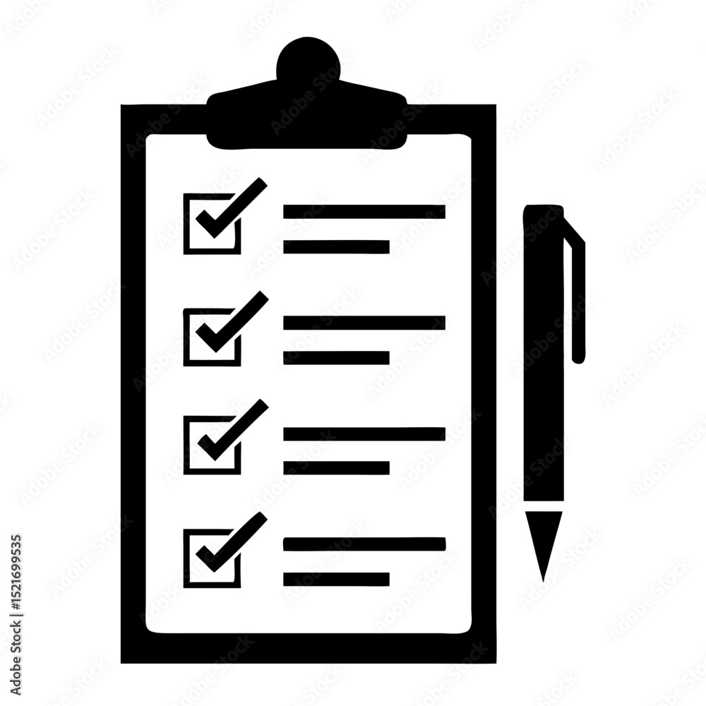 Poster checklist clipboard with pen and checkmarks. checklist includes multiple tasks completed. checklist 