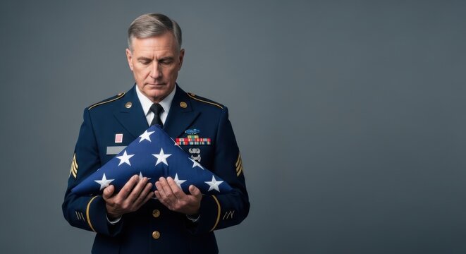 Uniformed caucasian man holds a folded United States flag. Veteran honoring fallen soldiers. Memorial day and independence day concept.