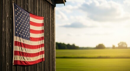 American flag hanging on rustic wooden barn in daylight. Usa national symbol in countryside setting with green field. For Independence day.