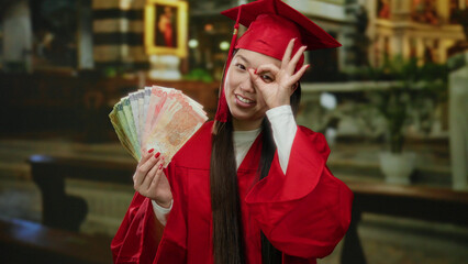 Woman in red graduation gown holding philippine pesos on city street with a joyful expression,...
