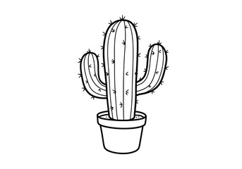 A simple black and white line drawing of a cartoon cactus in a pot against a plain white background