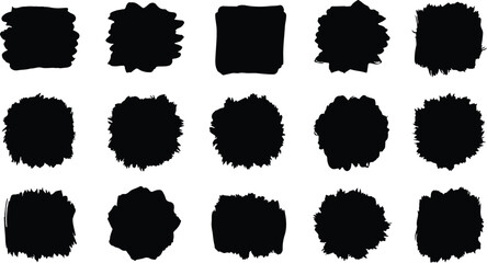 Fifteen black ink brush stroke shapes for design elements