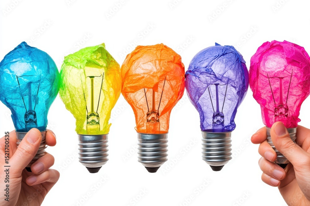 Aufkleber Creative hands hold colorful paper light bulb models during a brainstorming session showcasing innovative ideas