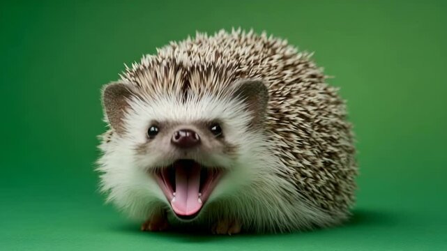 A cute hedgehog with spiky fur sits on a green background, looking directly at the camera.