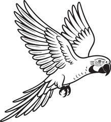 Black and white illustration depicting a parrot with wings spread wide in mid-flight vector art design