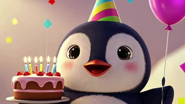 Penguin celebrates joyful birthday with cake and balloons