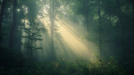 Obraz premium Sun rays pierce through the forest canopy, illuminating the misty landscape.