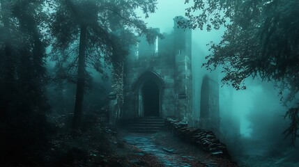 Mysterious ancient structure shrouded in mist, emerges from the dark forest.