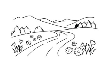 Simple black and white illustration of winding road through a rural landscape