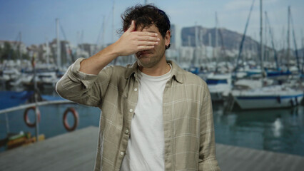 Hispanic man covers face at sunny port with boats and mountain backdrop, wearing plaid shirt,...