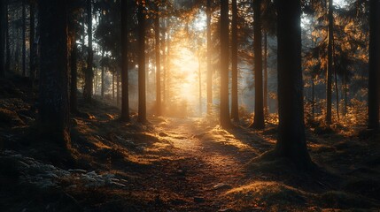 Sunlight streams through tall trees in a serene and enchanting forest scene.