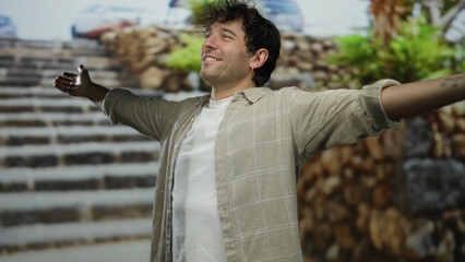 Hispanic man with arms outstretched smiling joyfully on an outdoor street setting with blurred...