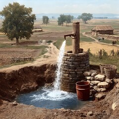 Old style hand pump delivering ground water high resolution picture