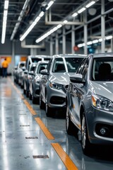 cars are lined up in a factory