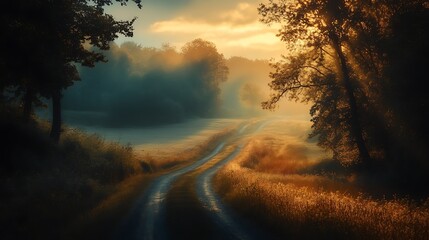 Fototapeta premium Misty dawn illuminates a winding path through golden fields and trees.
