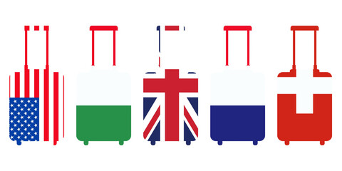 Set of traveling luggage. Set of suitcases. National Flags icon of countries. Set of suitcases icons.set of traveling luggages icons. Vacations. Summer time.
