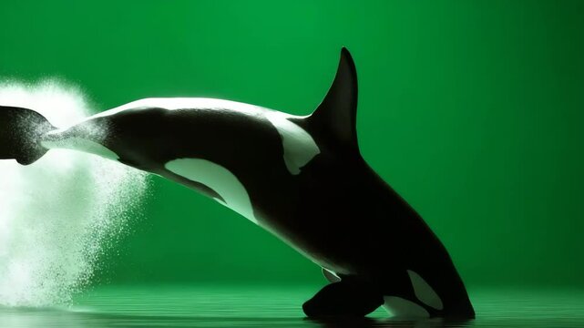 A killer whale leaps majestically out of the water against a vibrant green background, creating a dynamic splash.