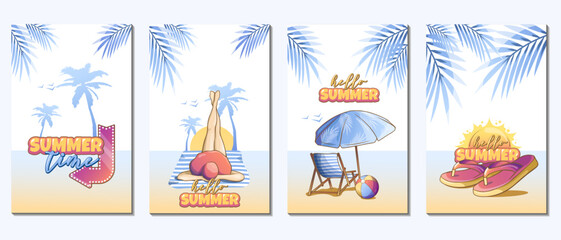 set of summer holiday  banners in blue tones, with handwritten text, a drawn girl, palm branches and flip-flops