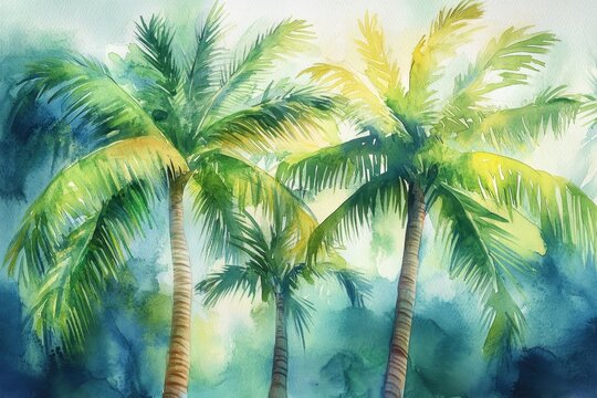 Beautiful watercolor tropical palm trees, Watercolor painting of vibrant tropical palm trees against a soft, colorful