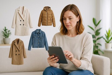 young woman shopping for fashion online while browsing clothing options on a tablet in a cozy living room surrounded by houseplants