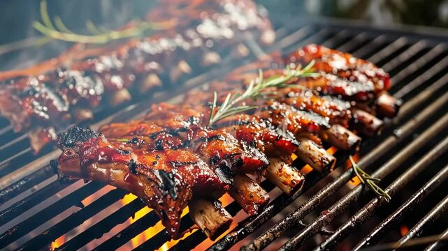 Juicy bbq ribs grilling over hot coals, releasing tantalizing smoke that infuses the atmosphere with a mouth-watering aroma. Perfect for summer cookouts and backyard gatherings.