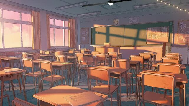 large classroom in daylight with chairs and blackboard, back to school concept animation looping video background
