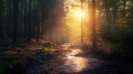 Obraz premium Forest Sunlight: A river flowing through a sun-drenched woodland.