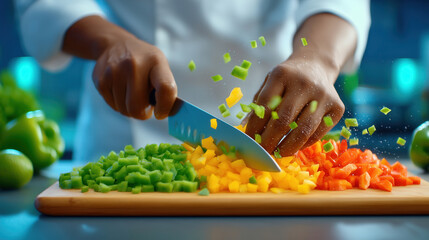 Hands chopping fresh vegetables on wooden cutting board with vibrant colors. Clean kitchen background with natural lighting enhances culinary setting
