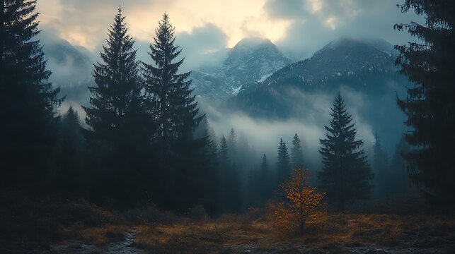 Forest landscape with misty mountains