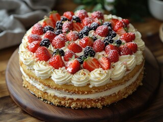 A delicious berry cake with cream, strawberries, and blackberries is ready. Showcase dessert recipes, baking ingredients, or celebration themes with this.