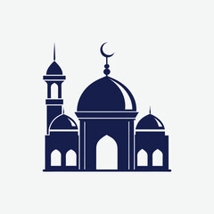 Explore this minimalist mosque silhouette in solid dark blue, featuring a central dome, crescent moon, elegant minaret, and arched doorway.