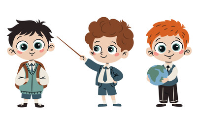 A set of flat vector illustrations in a simple children's style. Cute school boys with textbooks and pointing pointer on white background. Vector illustration
