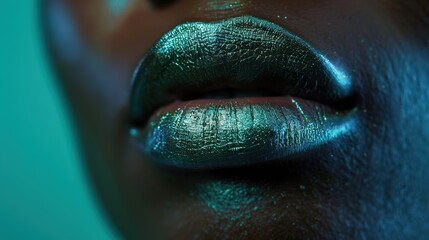 Obraz premium A close-up portrait showcases a woman's striking lips, adorned with a shimmering teal-colored lipstick, set against a dark, moody background.