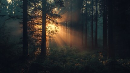 Sunlight shining through trees in a misty, atmospheric forest scene.