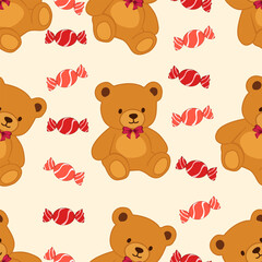 Cute cartoon  teddy bear with a red bow and red candy seamless vector pattern background for baby and child wallpaper, textiles, bedding, background, and designg packaging