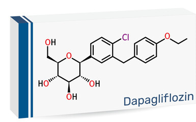 Dapagliflozin molecule. SGLT2 inhibitor used in the treatment of type 2 diabetes. Skeletal chemical formula. Paper packaging for drugs