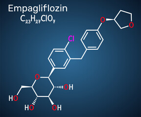 Empagliflozin molecule. SGLT2 inhibitor used to treat type 2 diabetes and lower blood glucose. Dark blue background