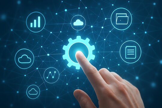 A hand touching a gear icon surrounded by data and cloud icons on blue background