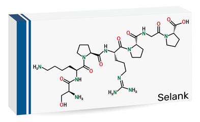 Selank molecule. Synthetic heptapeptide with anxiolytic and neuroprotective properties. Skeletal chemical formula. Paper packaging for drugs