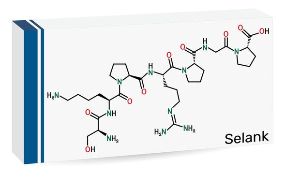 Selank molecule. Synthetic heptapeptide with anxiolytic and neuroprotective properties. Skeletal chemical formula. Paper packaging for drugs