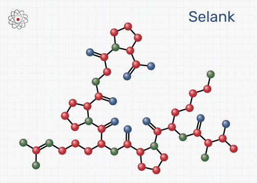 Selank molecule. Synthetic heptapeptide with anxiolytic and neuroprotective properties. Sheet of paper in a cage
