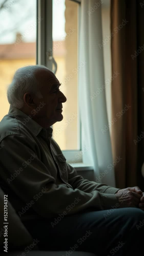 Poster a person sitting on a couch, looking out the window with a contemplative expression
