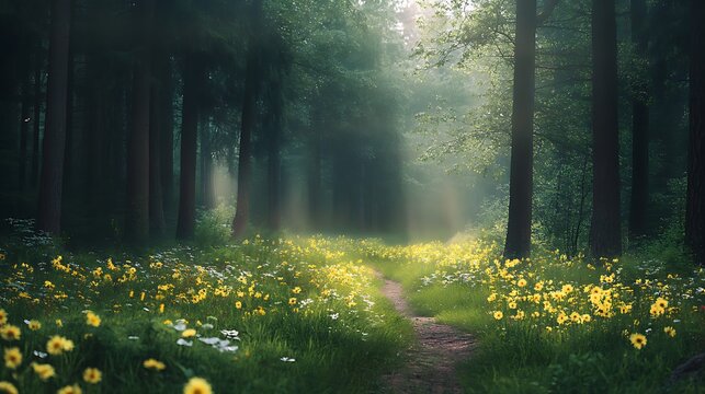 Sunlit forest path with wildflowers and majestic trees in a tranquil scenery. - Powered by Adobe