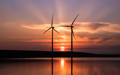 Wind Turbines Silhouette at Sunset with Sun Rays Over Water Renewable Energy