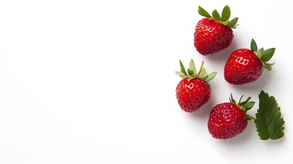 Freshly picked strawberries with vibrant red color and green leaves on white.